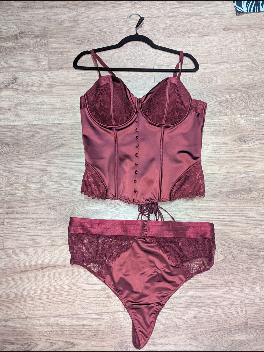 Satin Lace Bustier Set in Wine